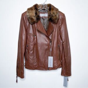 Andrew Marc New York Brown Leather Jacket with Fur Collar